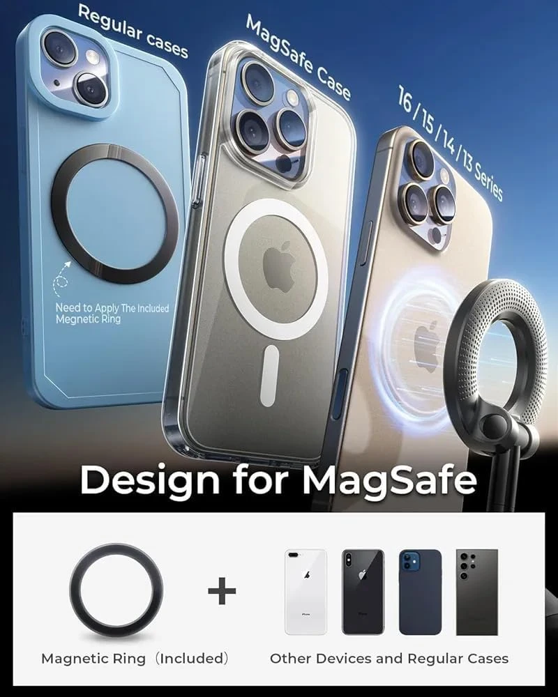 MagSafe compatibility graphic showing phones, included magnetic ring, and support for iPhone 13 to 16 series