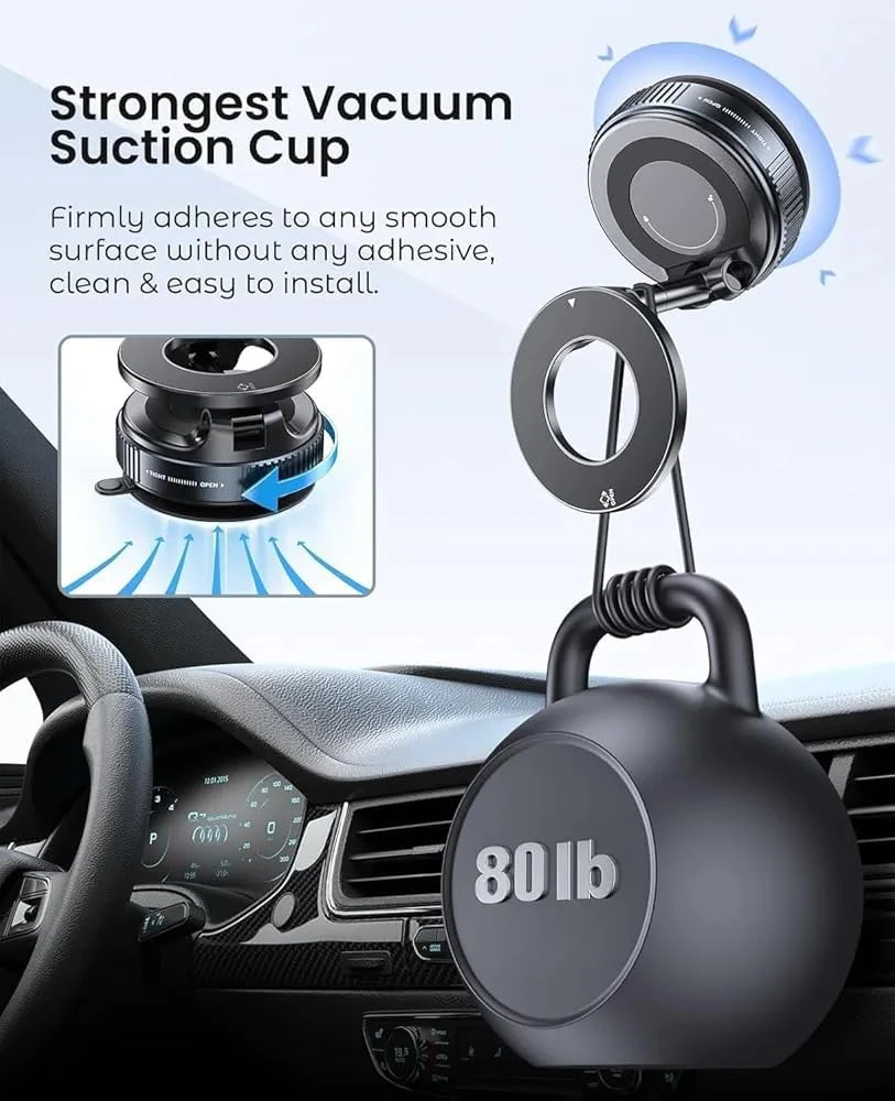 Phone mount with vacuum suction base shown in a car interior, highlighting strong 80 lb hold