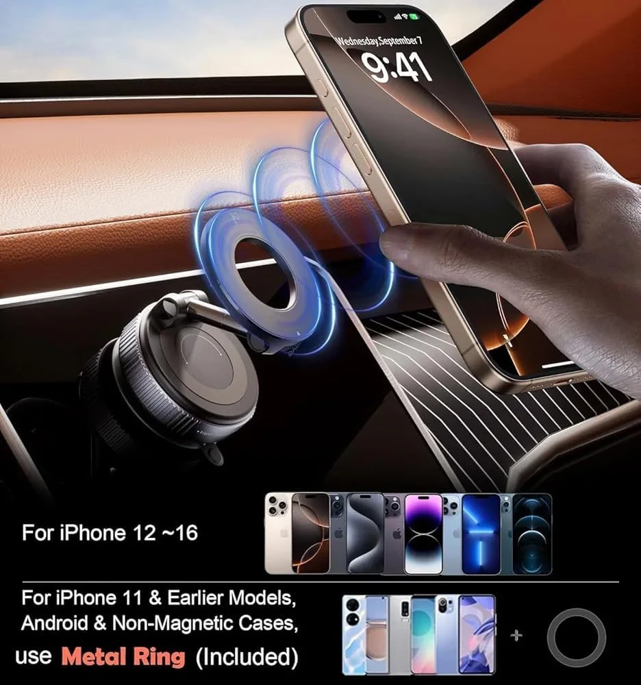 Car dashboard demo showing magnetic snap-on use with iPhone and included ring for non-MagSafe phones