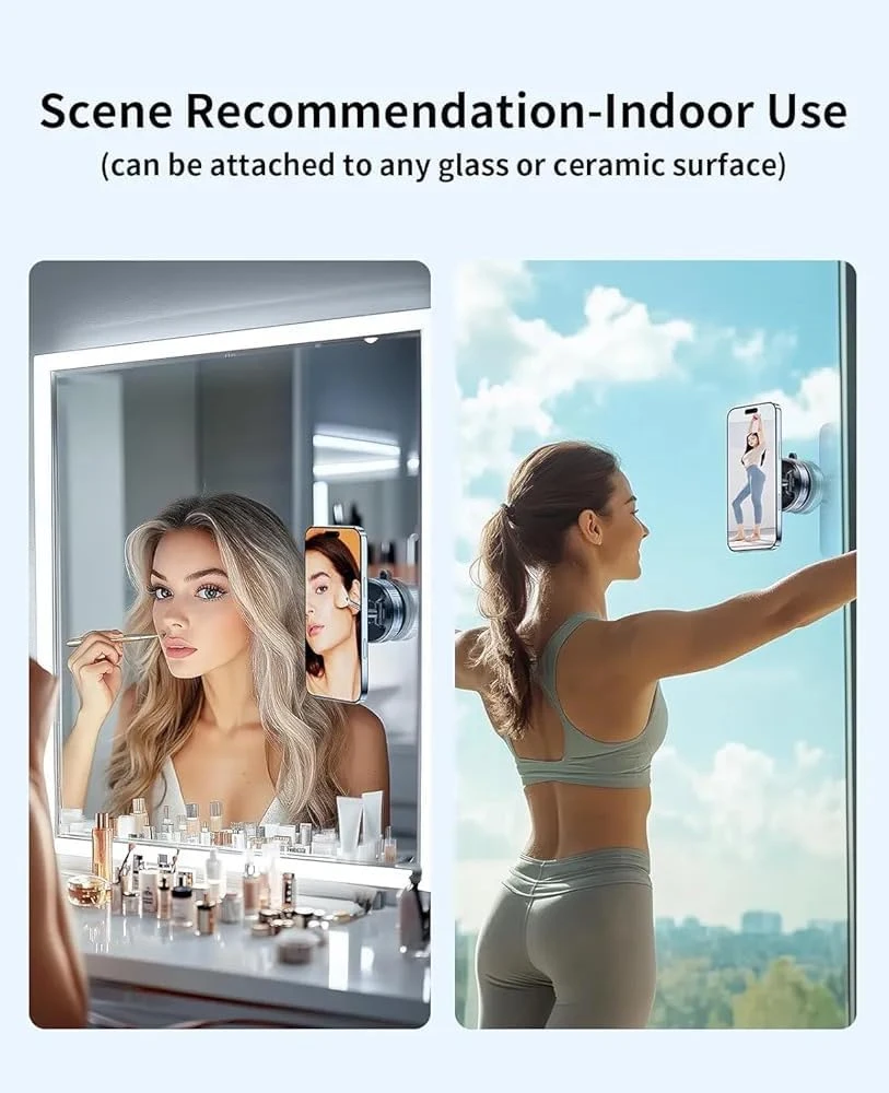 Indoor use examples on mirror and glass, showing hands-free makeup and workout recording