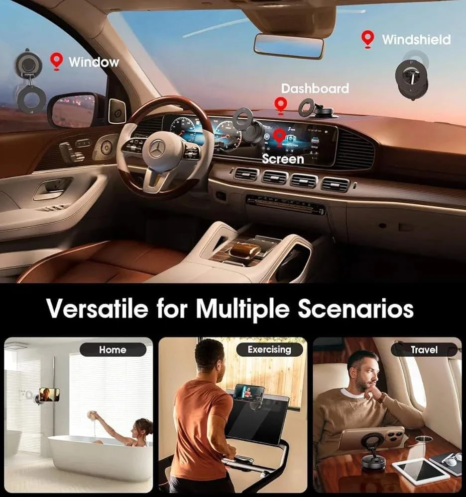 Usage collage showing mounting positions on window, dashboard, screen, and windshield plus home and travel scenes