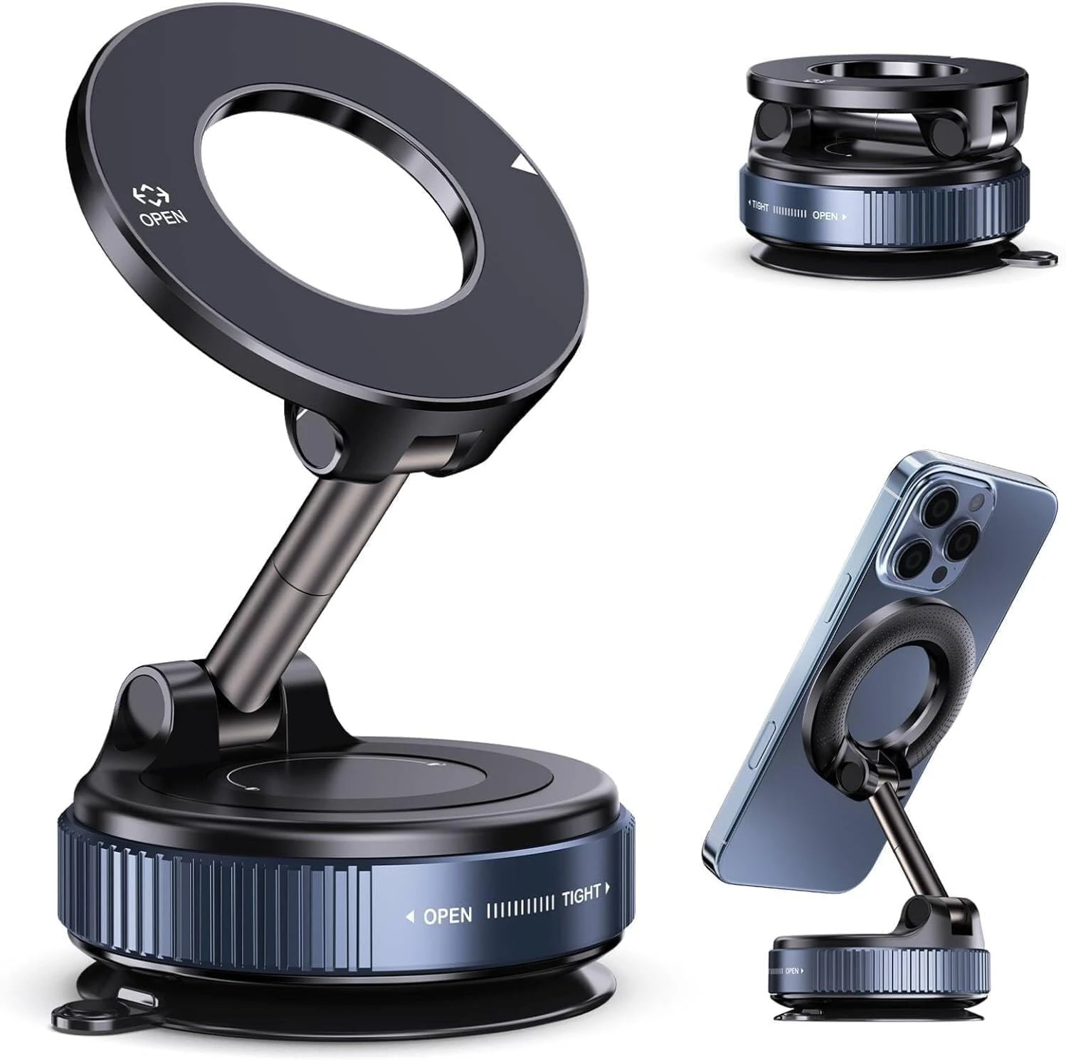 Product beauty shot of the black adjustable magnetic mount with separate base and mounted phone example
