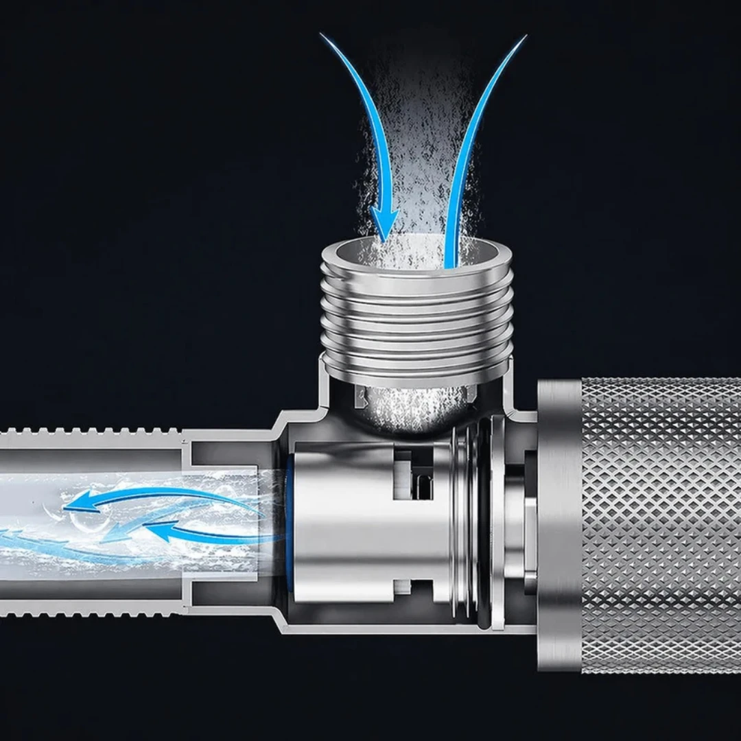 Cutaway view of the valve interior showing water flow path and shut-off mechanism with blue arrows