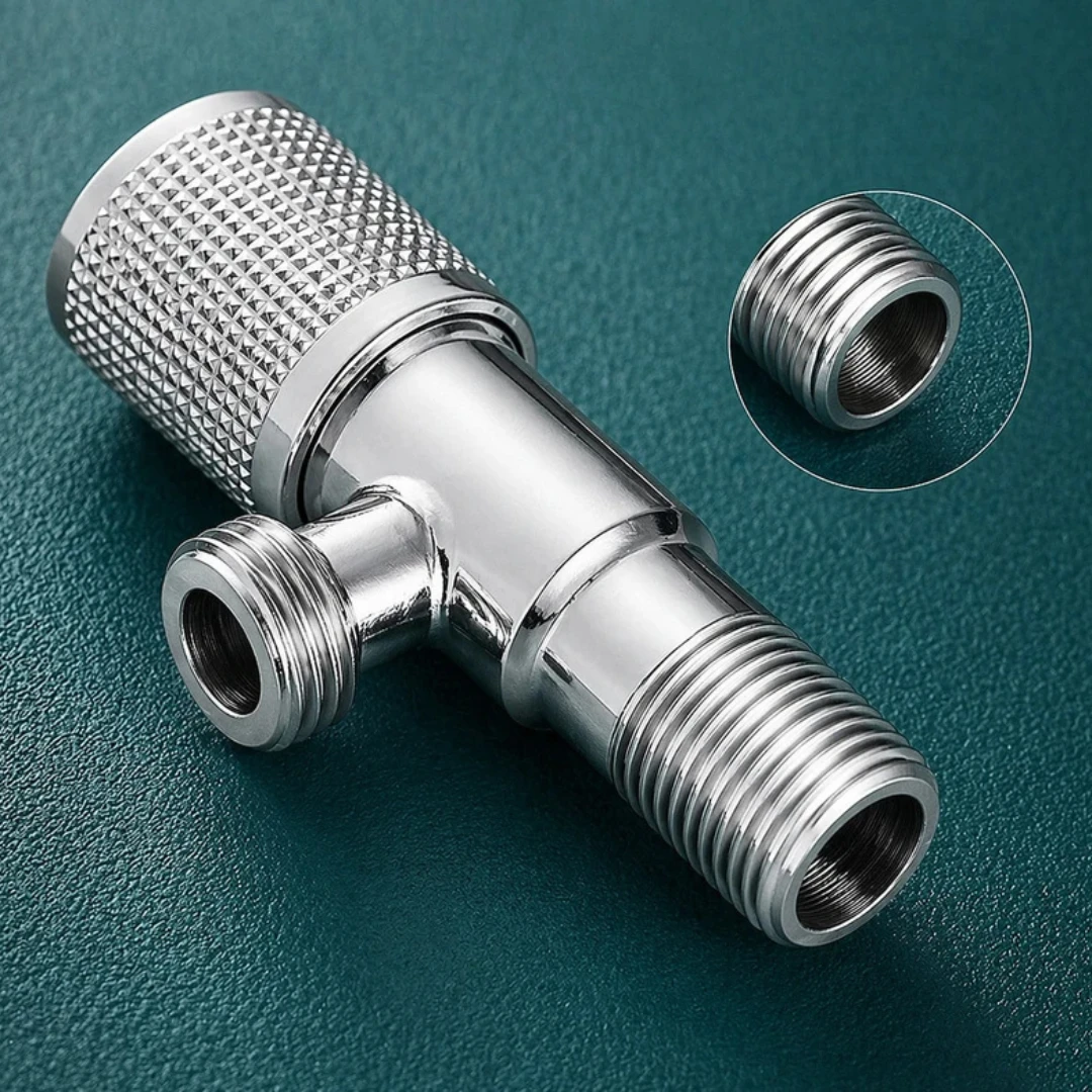 Angled close-up of the chrome T-shaped valve body with threaded ends and inset thread detail
