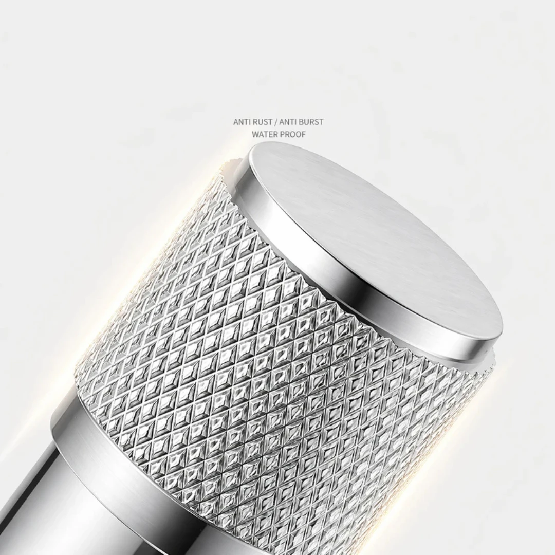 Macro view of the knurled round control knob with text noting anti-rust and waterproof finish