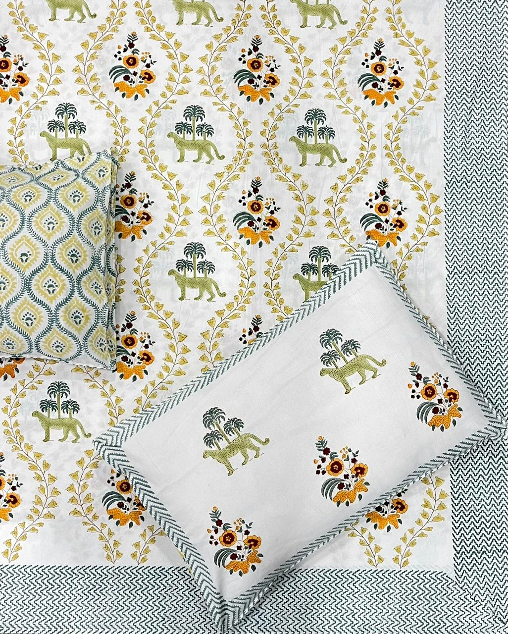Green Leopard Hand Block Double Bedsheet
