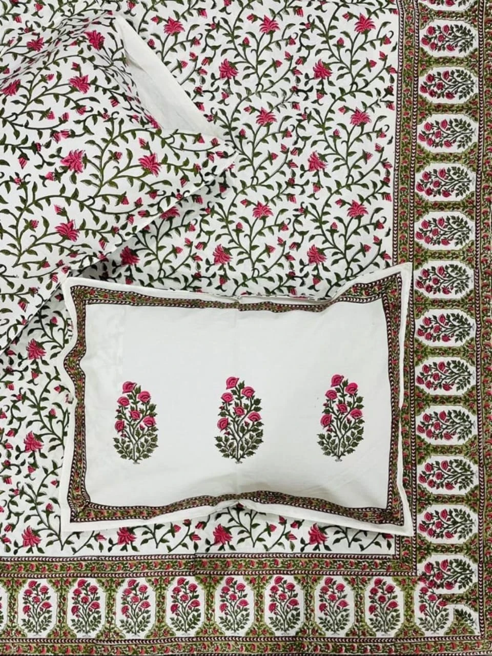 Red floral buta and bottle green vine