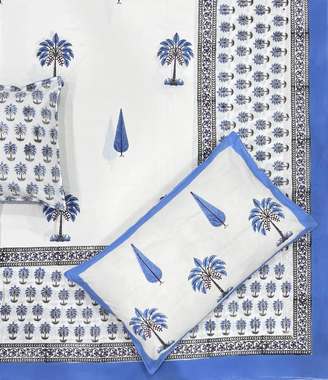 Blue Tree of Life hand block printed double bedsheet with 2 flap pillow covers view 2
