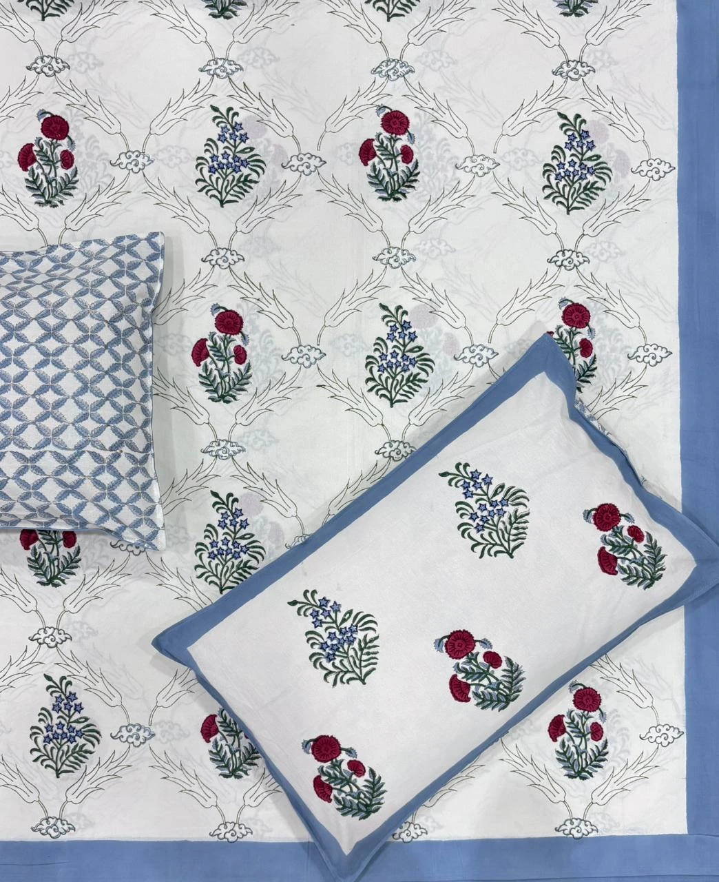 red buta and green cluster hand block printed double bedsheet