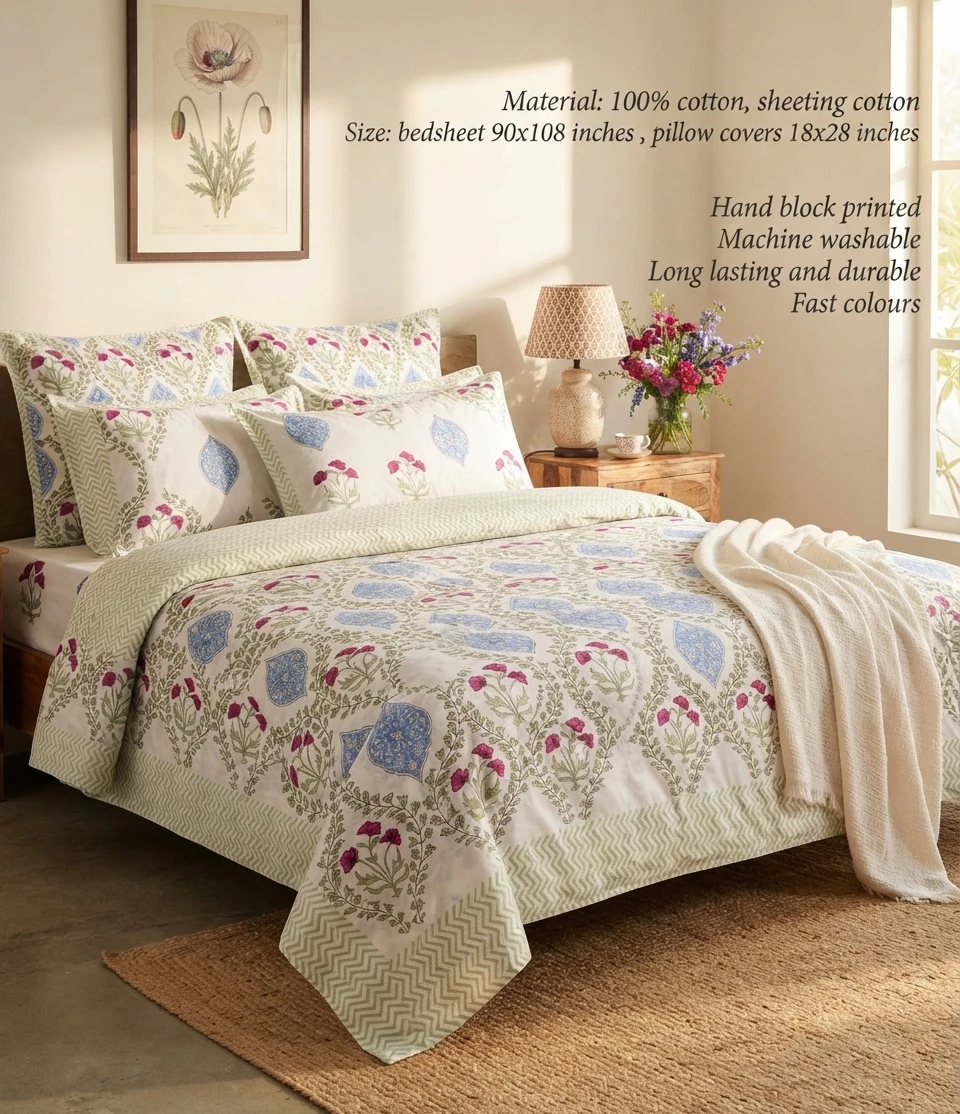 magenta bedsheet, blue medallion
