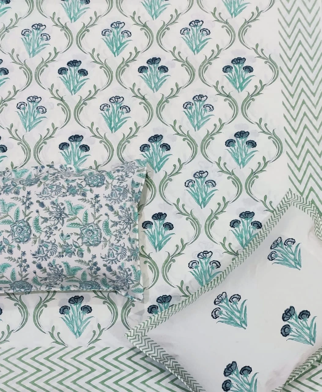 Bottle green triple flower hand block printed double bedsheet with 2 flap pillow covers view 2
