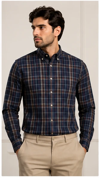 Front view of a men's navy plaid button-down shirt styled with beige trousers