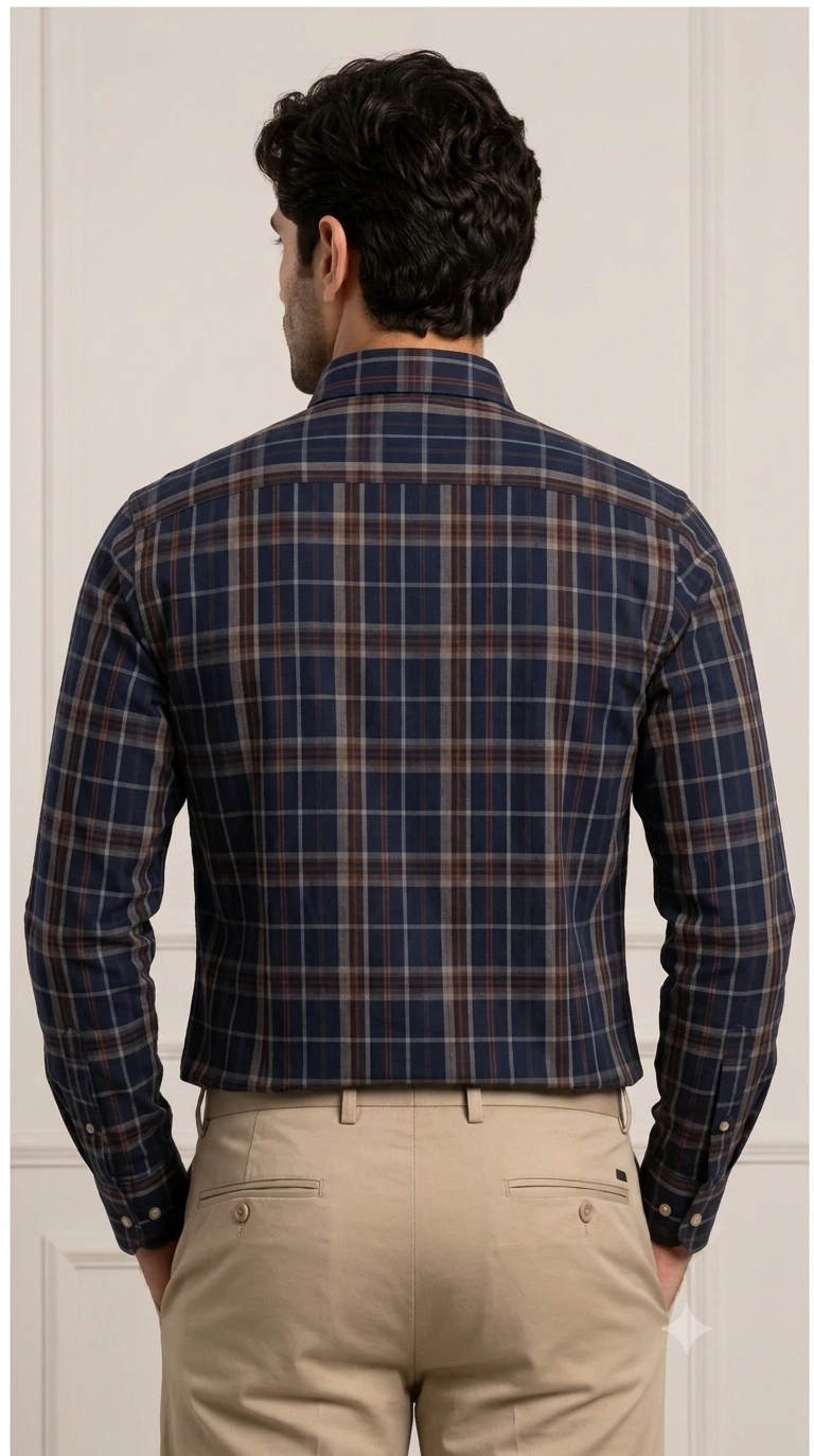 Back view of a men's navy plaid long-sleeve shirt tucked into beige trousers