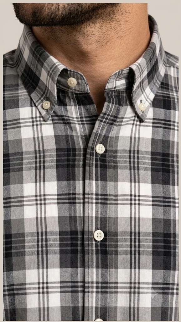 Close-up of the shirt's button-down collar and grey, white, and black plaid pattern