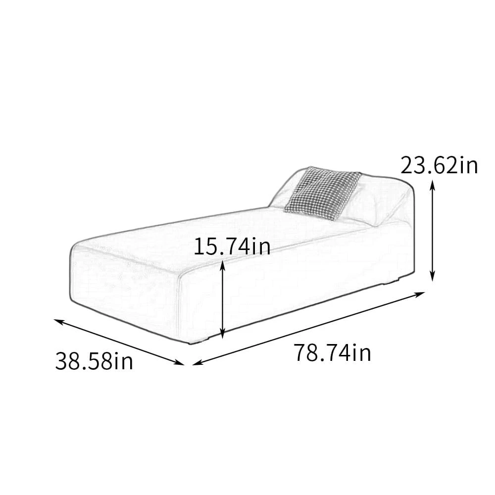 Dimension diagram of the chaise lounge showing 78.74 in length, 38.58 in width and 23.62 in height