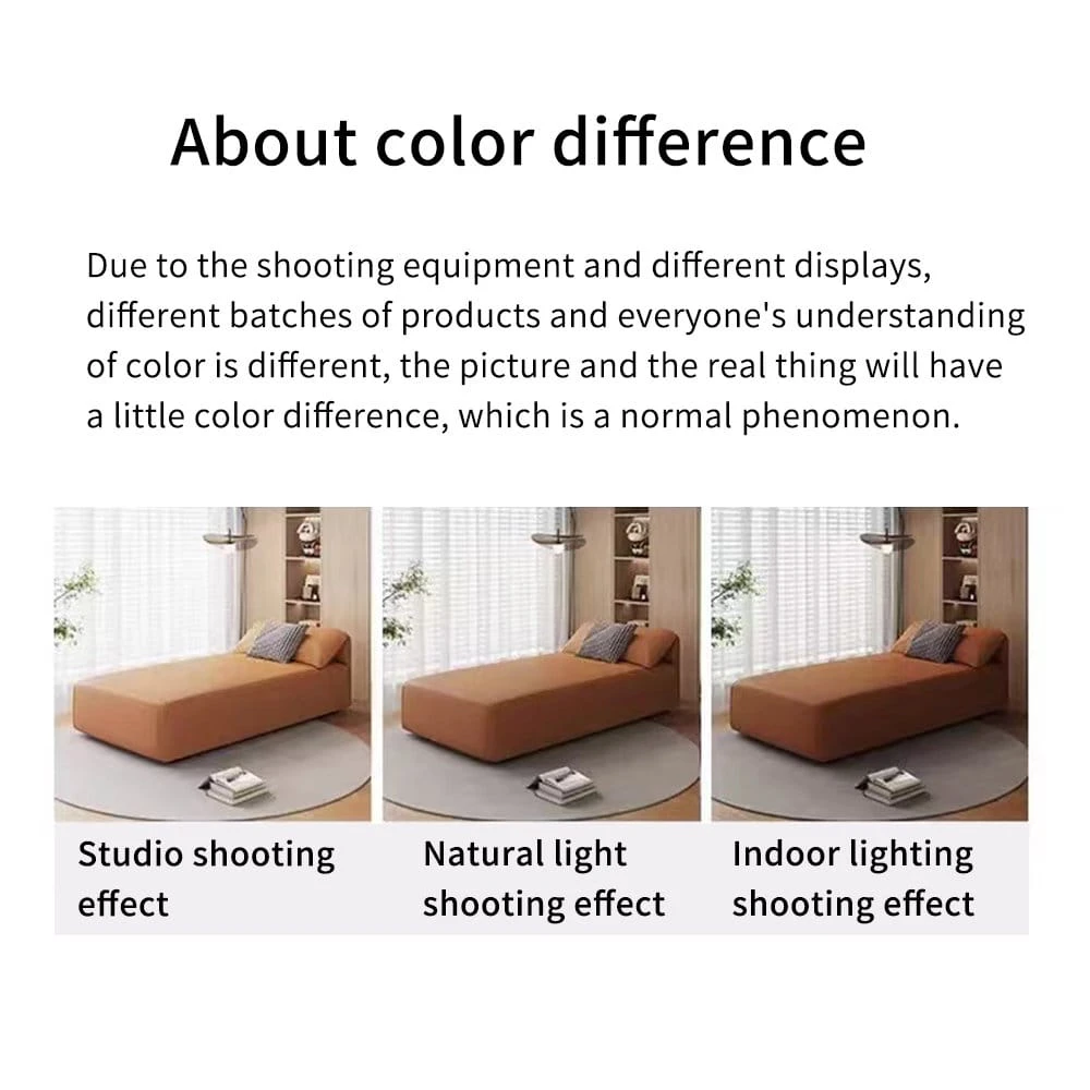 Color difference guide showing the chaise lounge under studio, natural light and indoor lighting