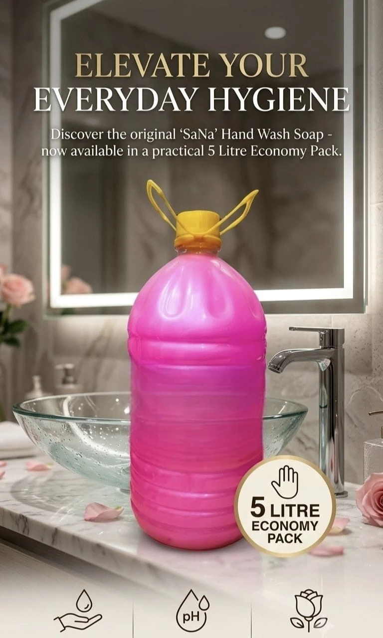 Pink 5 litre SaNa hand wash soap refill bottle with yellow cap displayed beside a bathroom sink