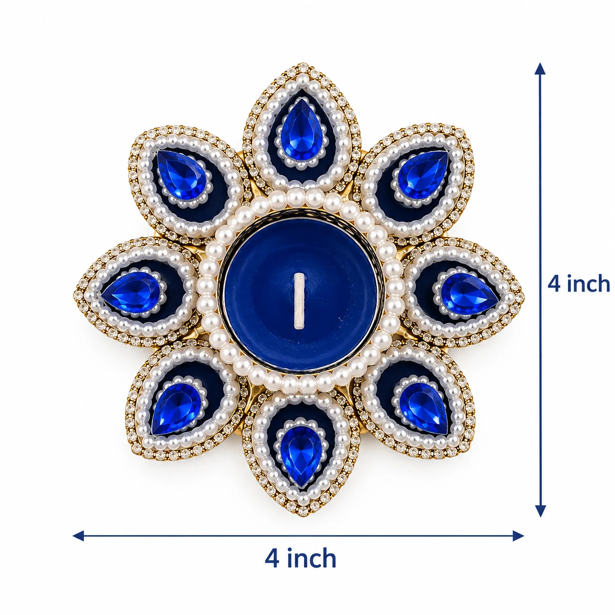 Single blue floral tealight holder on white background with 4 inch height and width shown