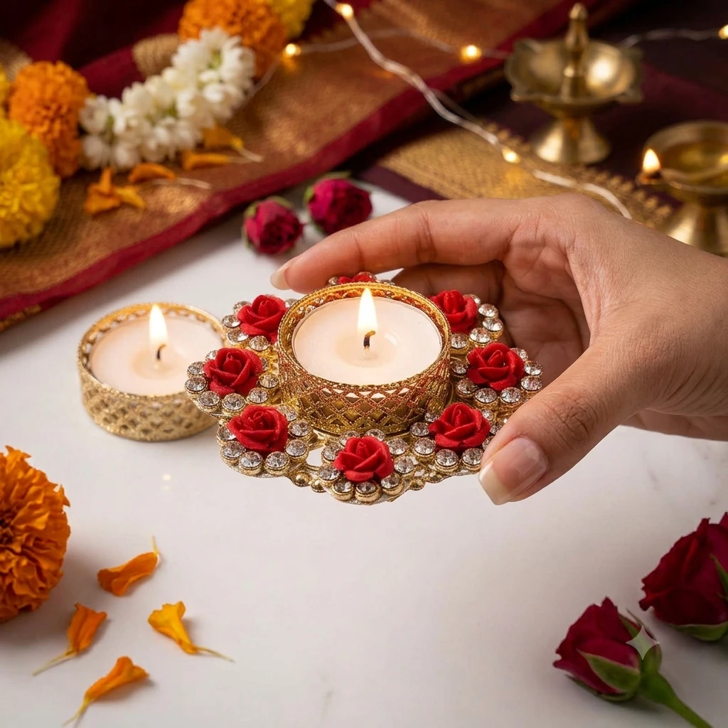 Hand holding one gold floral tealight holder, showing size and raised rose-and-crystal detailing