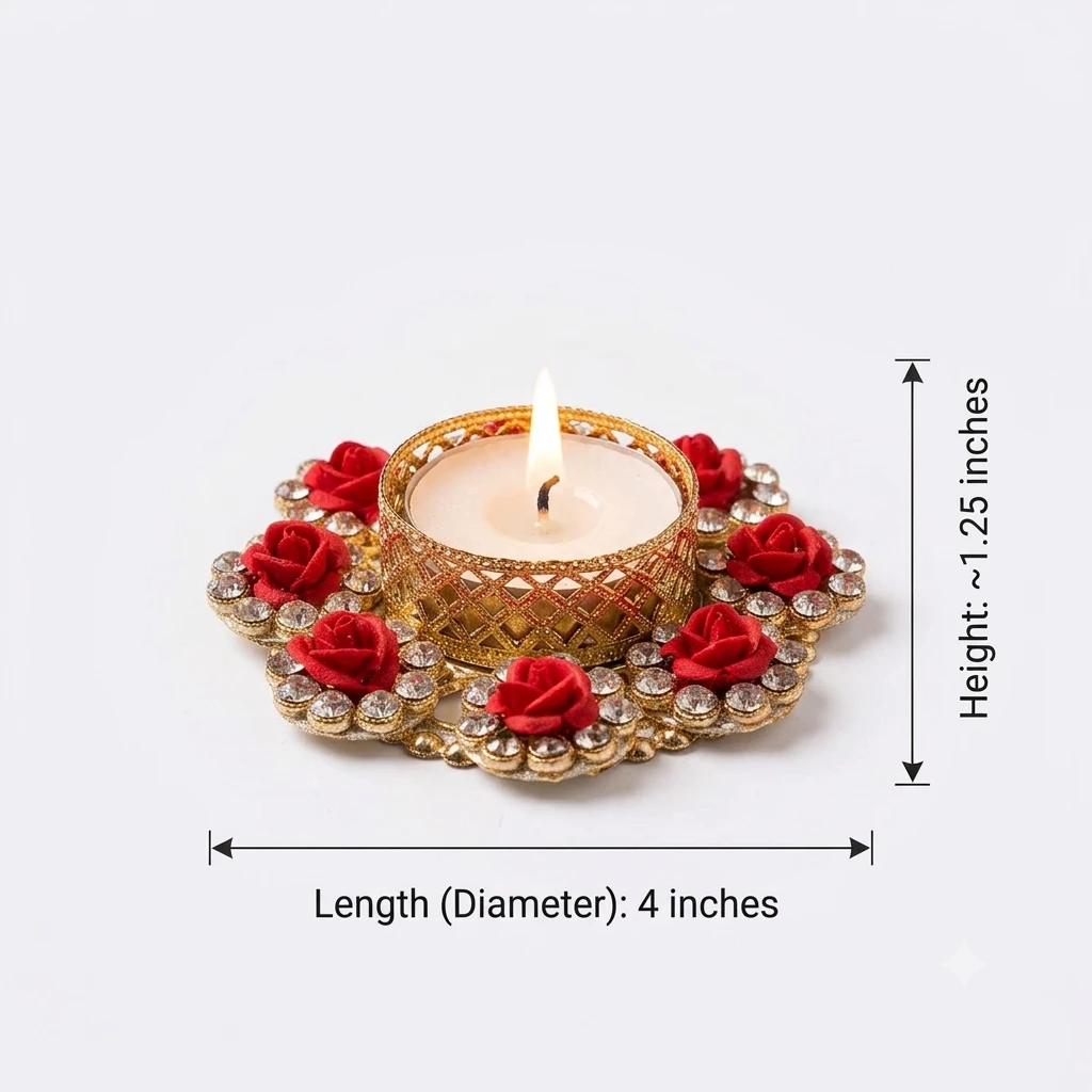 Single tealight holder on white background with size graphic showing 4-inch diameter and 1.25-inch height