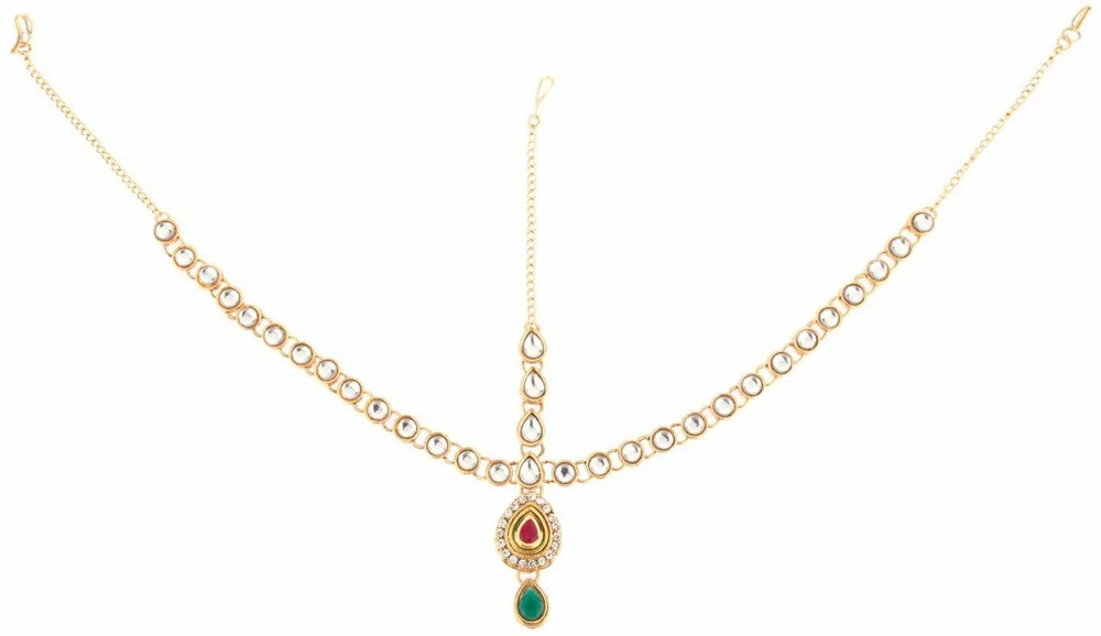 Gold-toned forehead chain with clear round stones, red center pendant and green drop accent