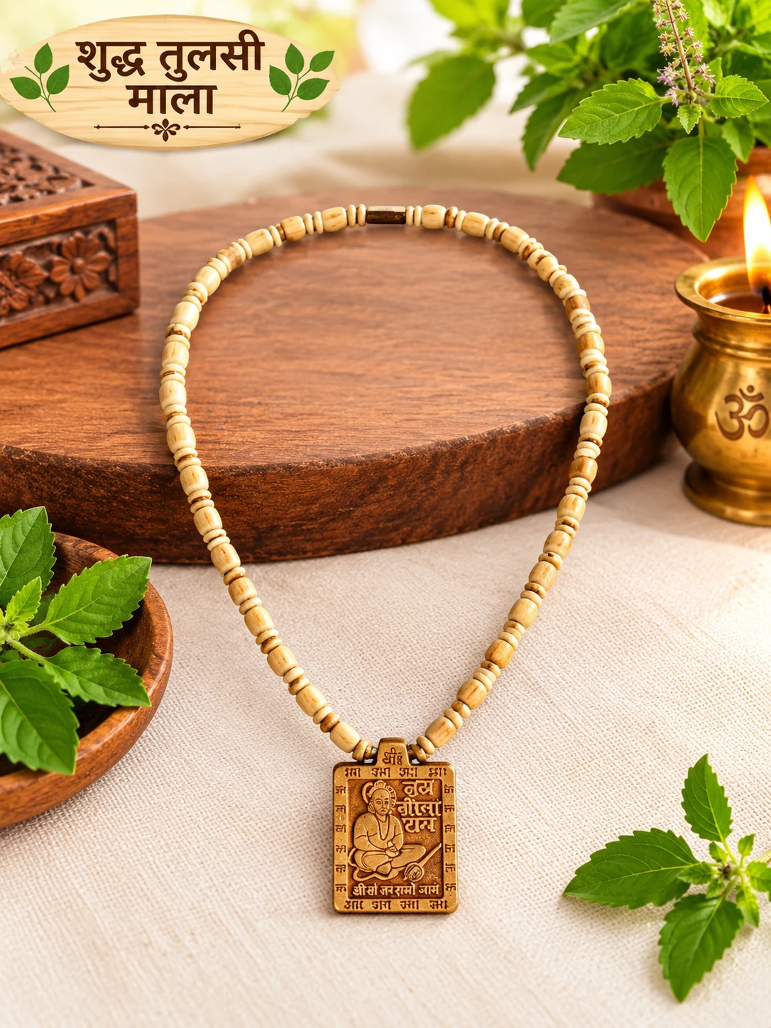Tulsi bead mala with engraved devotional pendant displayed on cloth beside basil leaves and brass diya