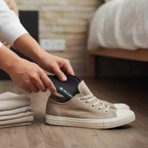 Hands inserting a black Gejuff insole into a beige canvas sneaker on a bedroom floor