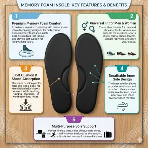 Feature chart showing memory foam comfort, shock absorption and breathable sole design
