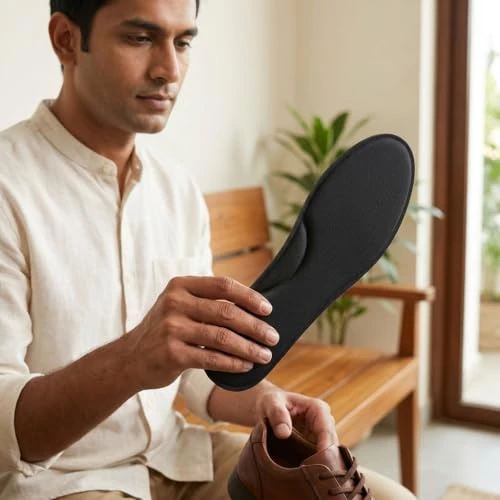 Man holding a single black insole while sitting with a brown shoe in hand
