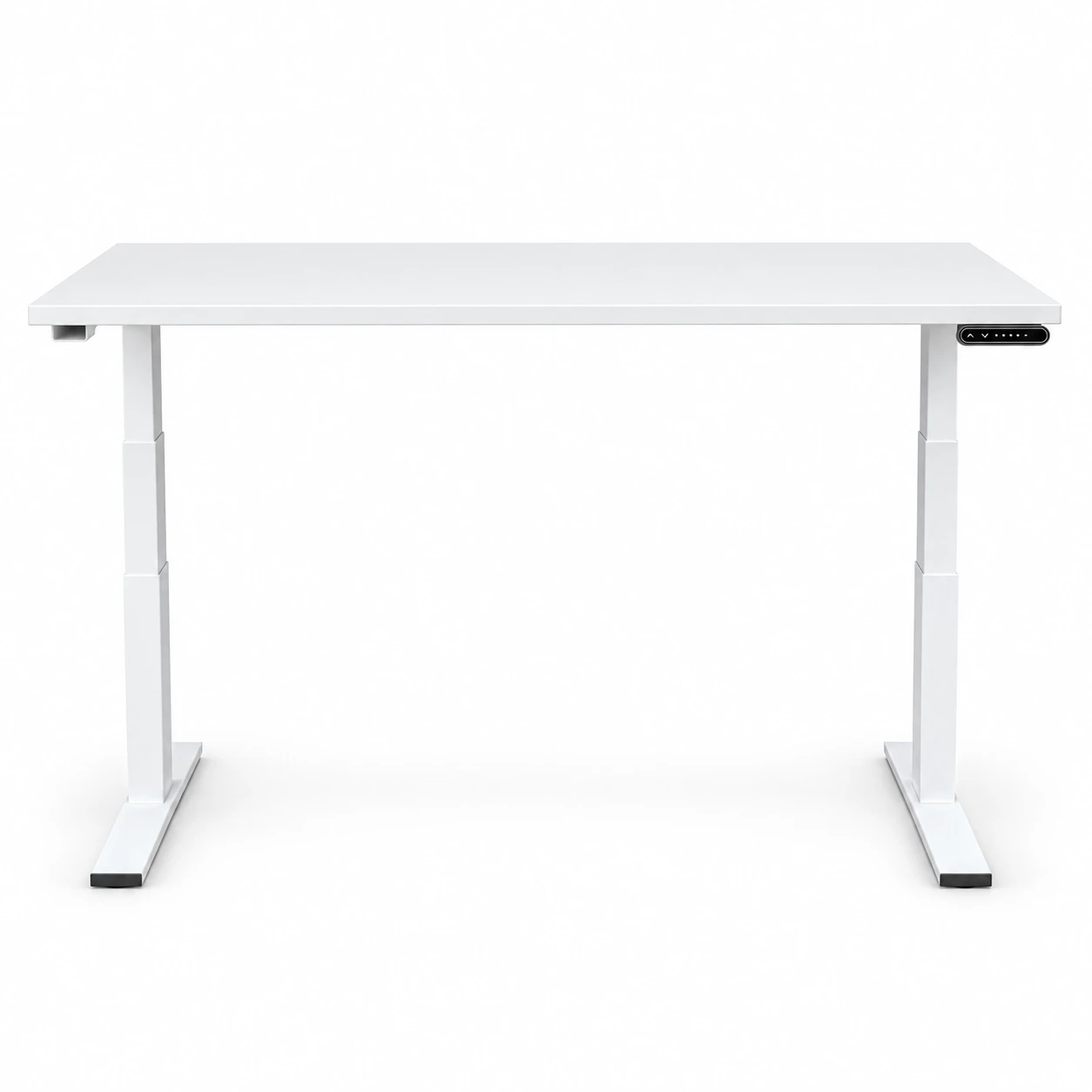 Front view of white electric standing desk with telescopic legs and right-side control panel