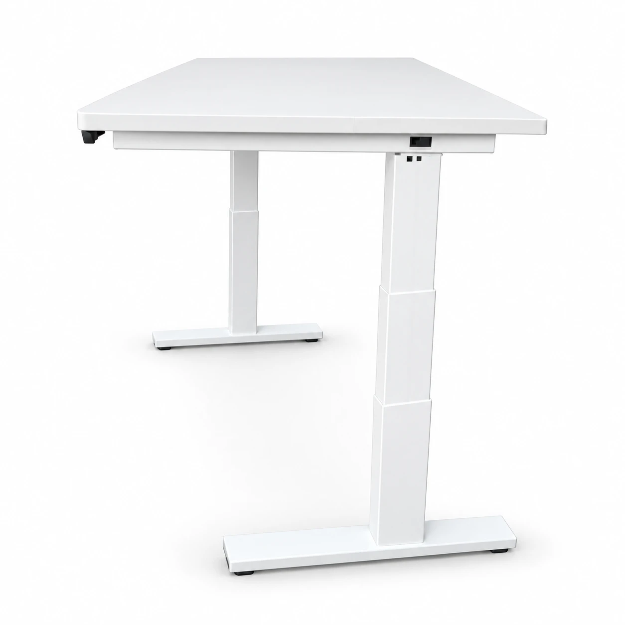 Rear angled view showing the desk underside, leg columns, and frame connections