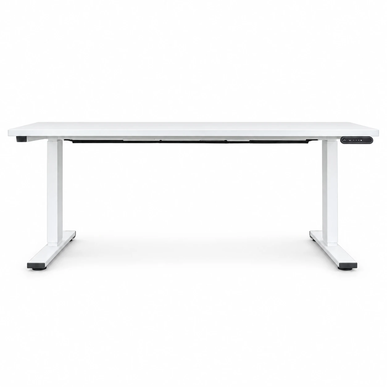 Wide front view of the desk at low height with control pad on the right edge
