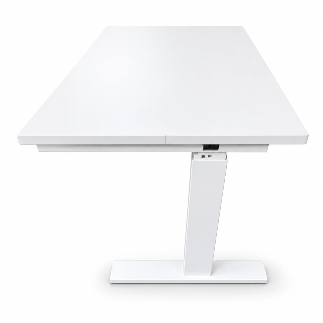 Side angle showing the tabletop edge, support frame, and single leg base