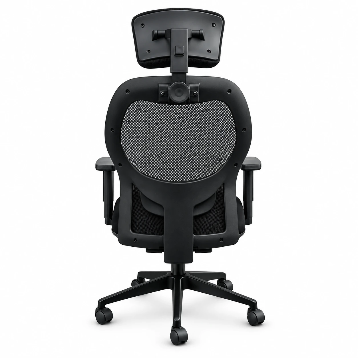 Rear view showing the chair's back frame, headrest mount and rolling five-star base