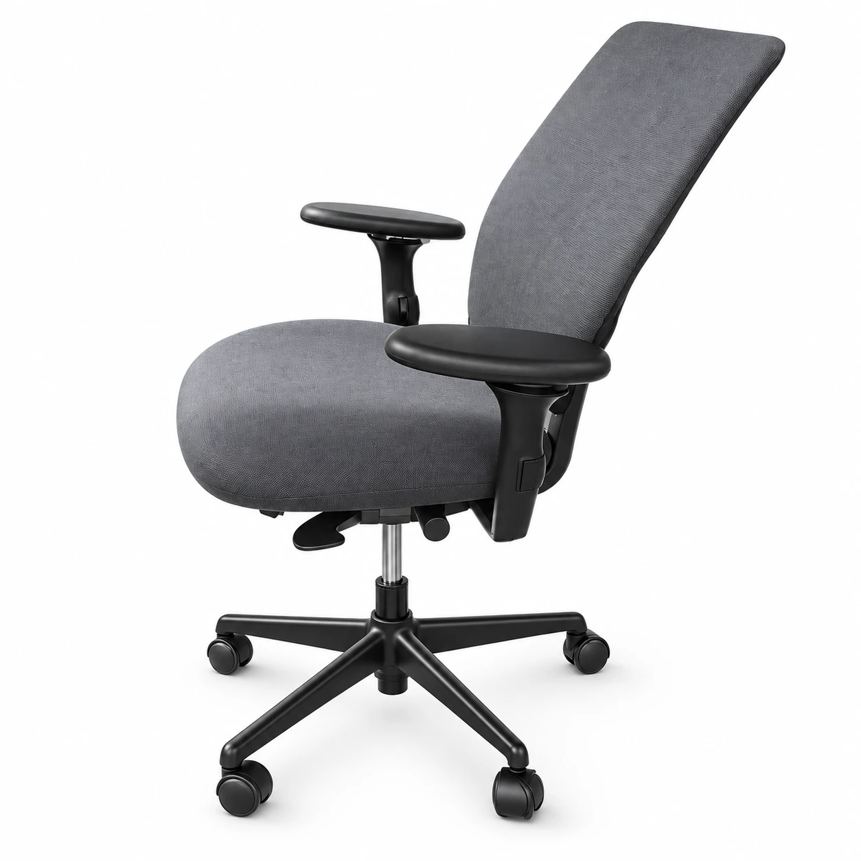 Angled side view showing contoured backrest, thick seat cushion and arm adjustment controls