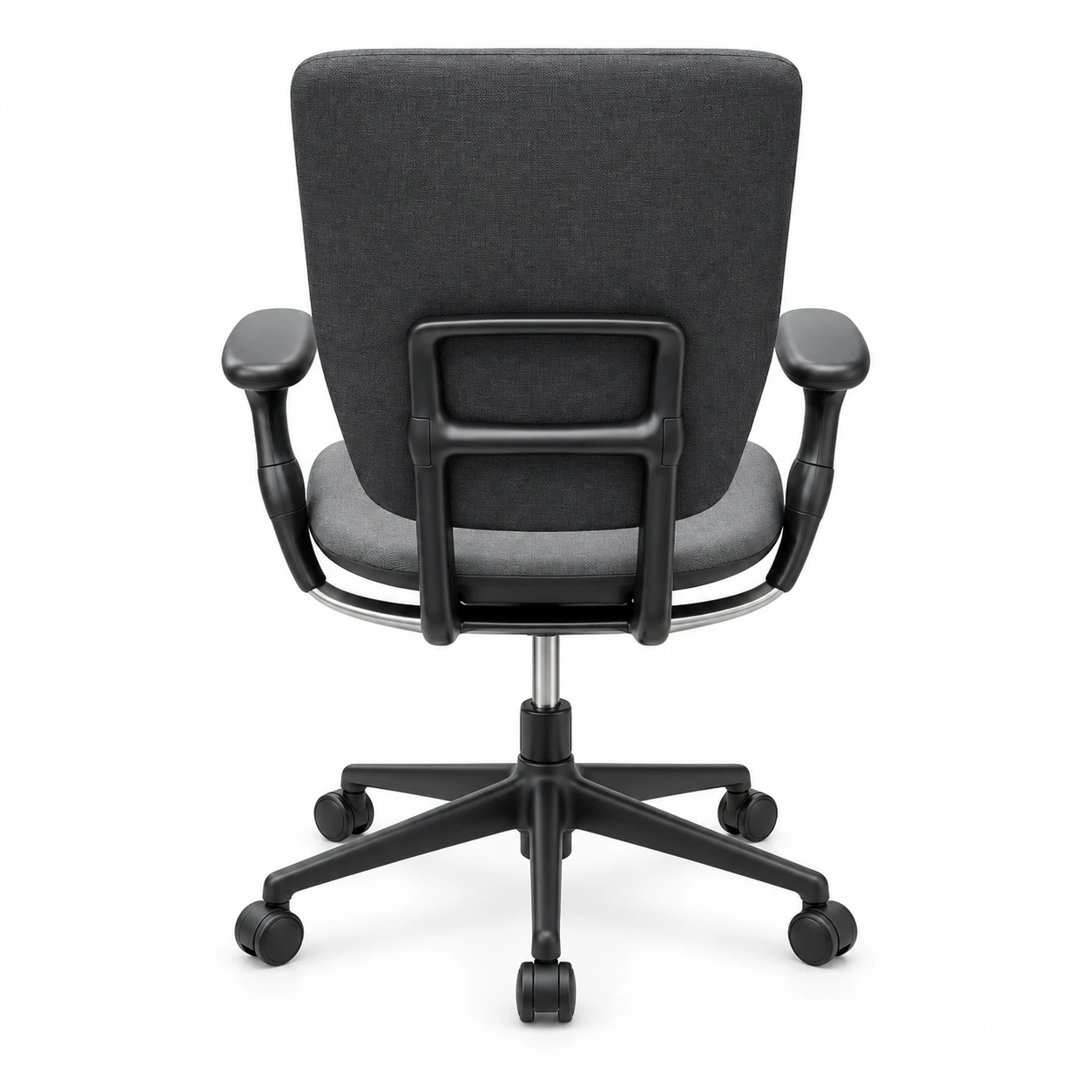 Rear view with black back support frame, padded armrests and rolling five-star base