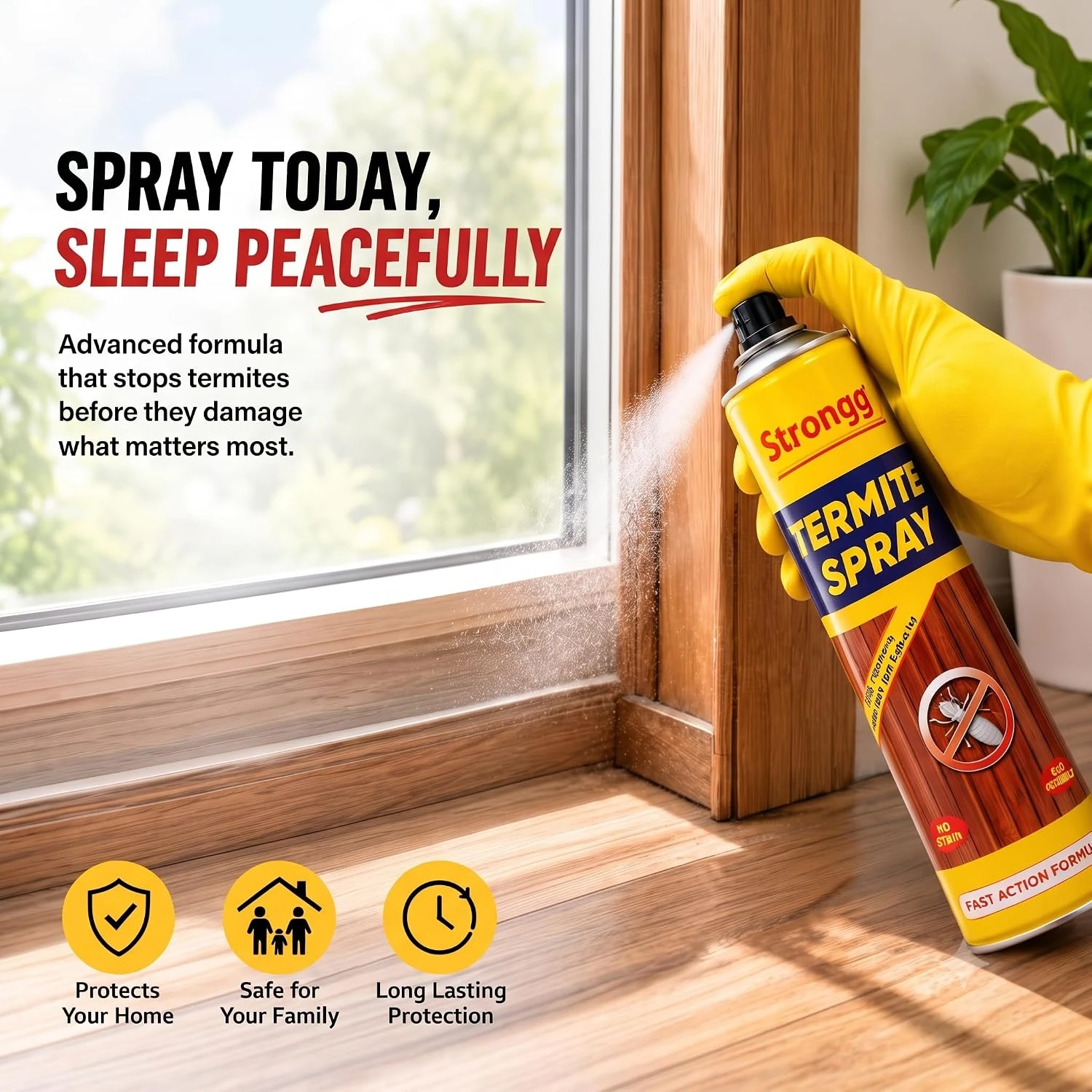 Strongg termite spray being applied to a wooden window frame with feature text and icons