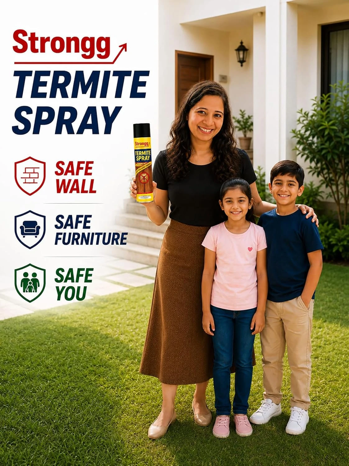 Woman holding the spray outdoors beside safety claims for walls, furniture and family
