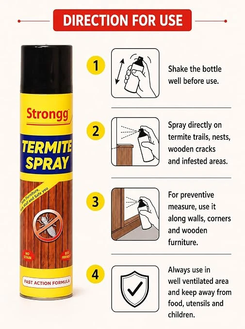 Usage directions panel showing the aerosol can and four steps for termite treatment and prevention