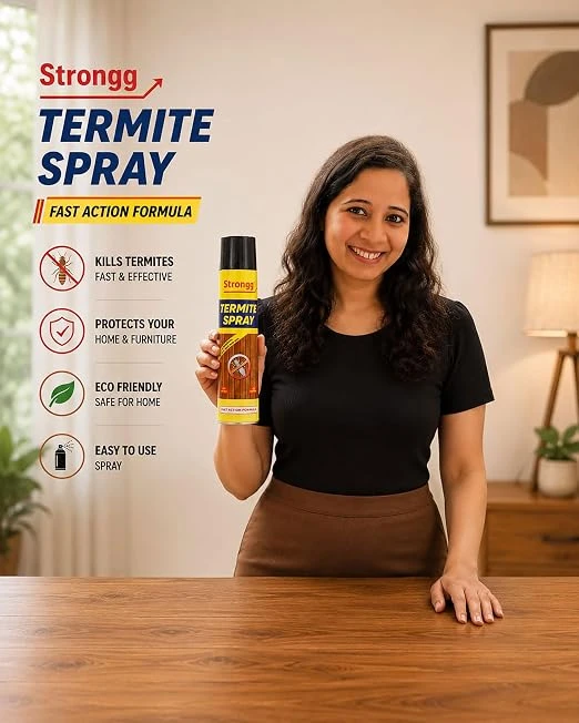 Woman holding the termite spray indoors beside feature list for fast action and home protection
