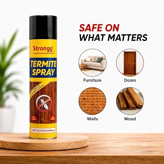 Aerosol can on a wooden surface with icons showing use on furniture, doors, walls and wood