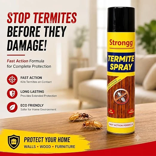 Strongg termite spray can on tabletop with termite graphic and fast action protection highlights