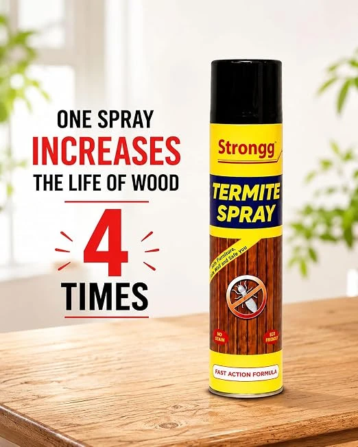 Front-facing aerosol can beside claim that one spray increases the life of wood four times