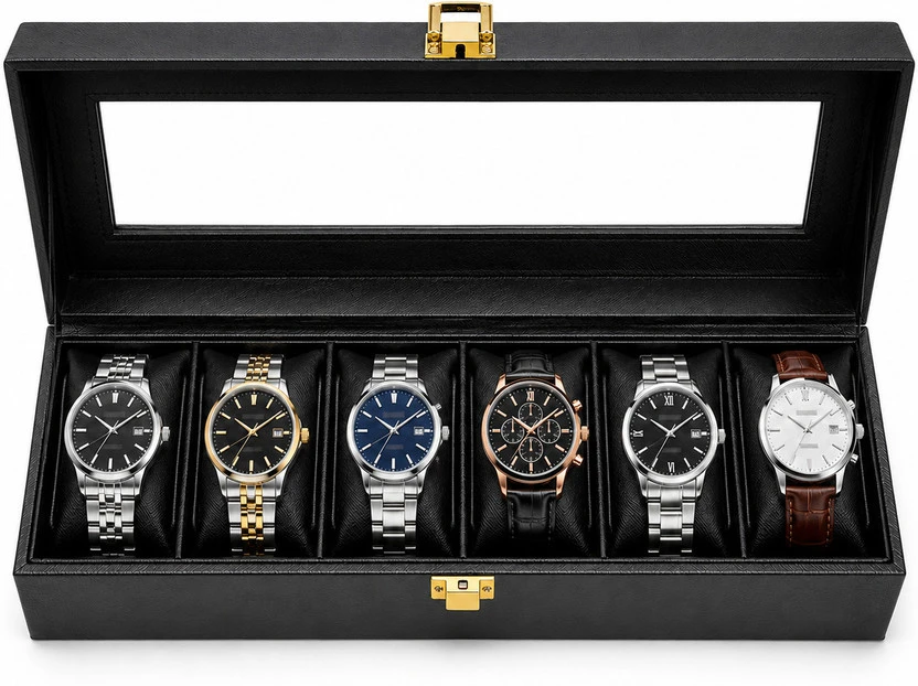 Open watch organizer showing six cushioned compartments beneath a clear glass lid