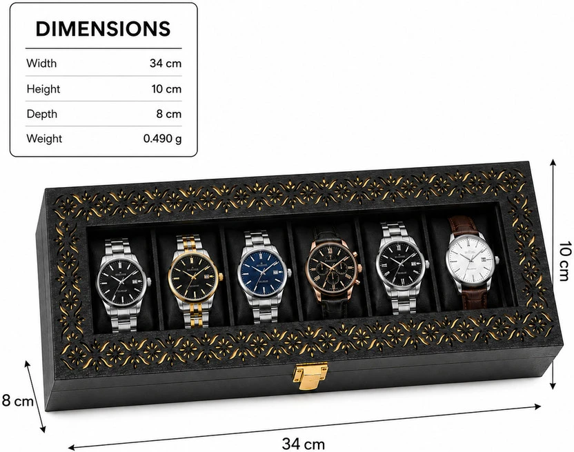 Dimension graphic for the black watch box showing 34 cm width, 10 cm height, and 8 cm depth