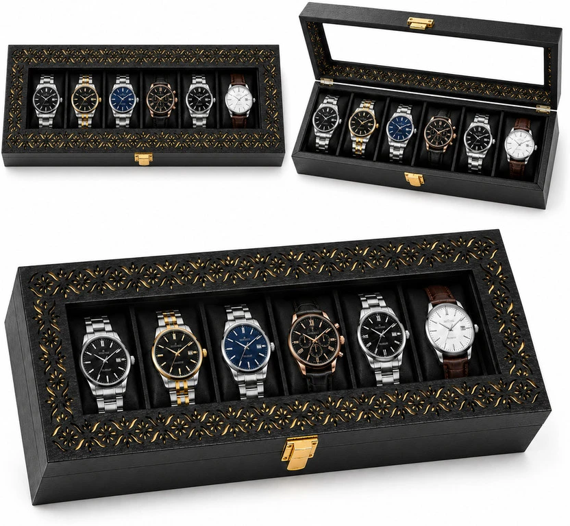 Collage showing the watch box closed, open, and in a larger angled front view