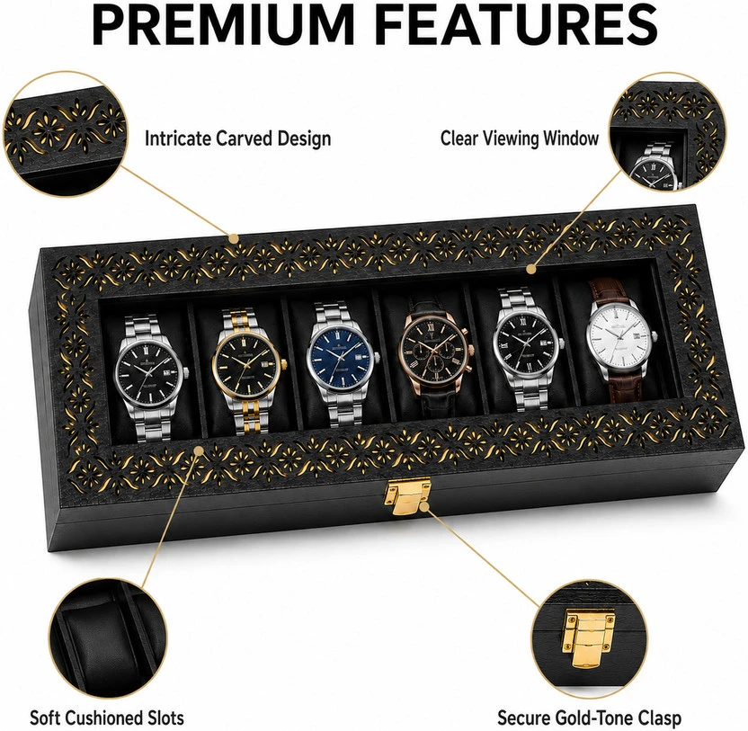 Feature graphic highlighting carved design, clear window, cushioned slots, and gold-tone clasp