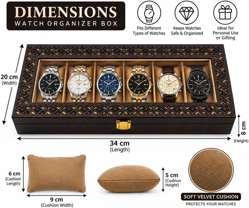 Dimension graphic of the watch organizer with cushion measurements and close-up of soft velvet texture