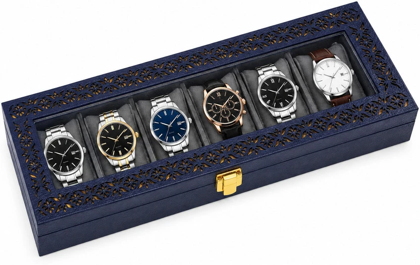 Closed navy blue 6-slot watch box with glass lid, floral cutwork border and gold-tone front clasp
