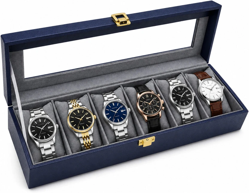 Open watch organizer showing six cushioned compartments with gray lining and clear display window